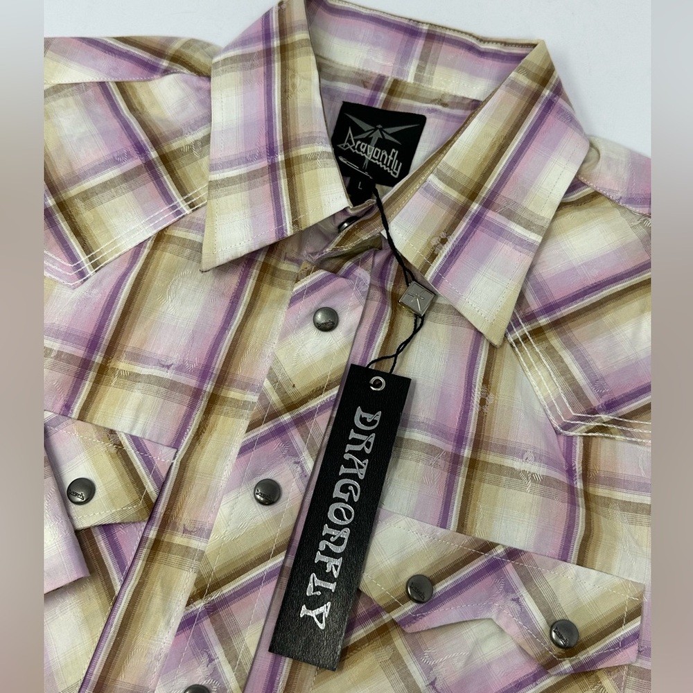 NWT DRAGONFLY Mens Sz L Metal Pearl Snap Western Style Plaid Shirt R8